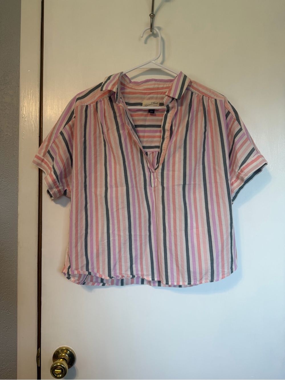 Universal Thread Pink, White, Gray & Green Striped Short-Sleeve Button-Down